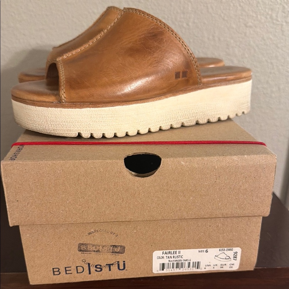 BED|STU Rustic Tan Leather Slide Sandals with Cream Platform